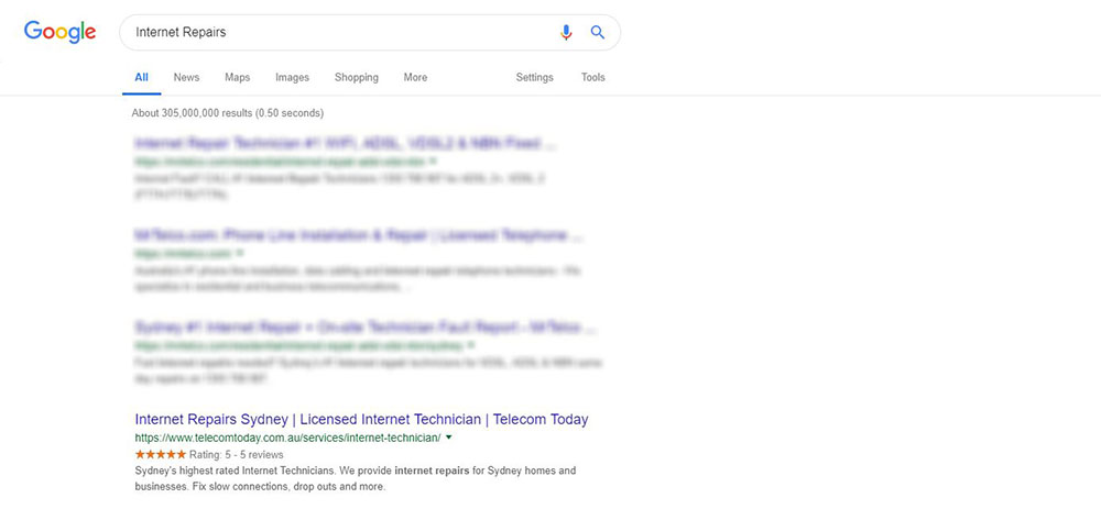 Google Screenshot showing Telecom Today near the top of the rankings